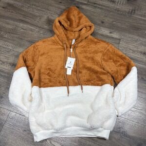 Longyuan Women Large Brown White Colorblock Sherpa Fleece Quarter Zip Hoodie NWT
